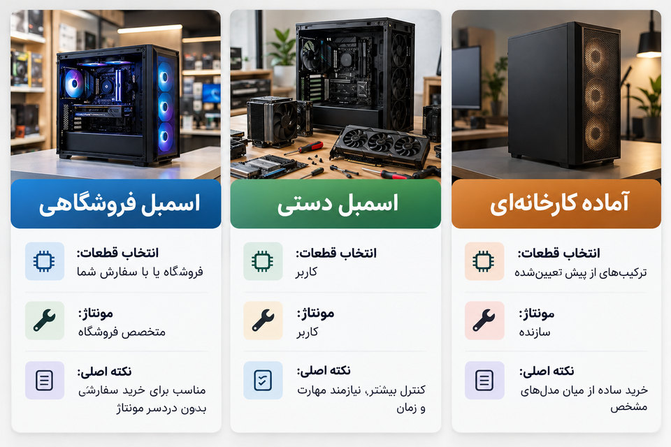 مقایسه اسمبل فروشگاهی، اسمبل دستی و کیس آماده کارخانهای از نظر انتخاب قطعات و مونتاژ