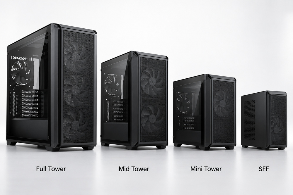 مقایسه اندازه بدنه کیس Full Tower، Mid Tower، Mini Tower و SFF