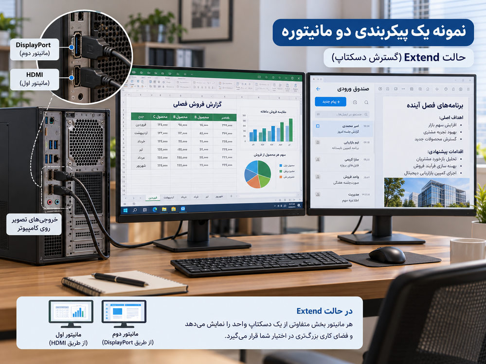 اتصال دو مانیتور به خروجی‌های تصویر کامپیوتر اداری